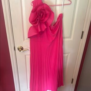 Vibrant Pink One-Shoulder Midi Dress with Floral Detail